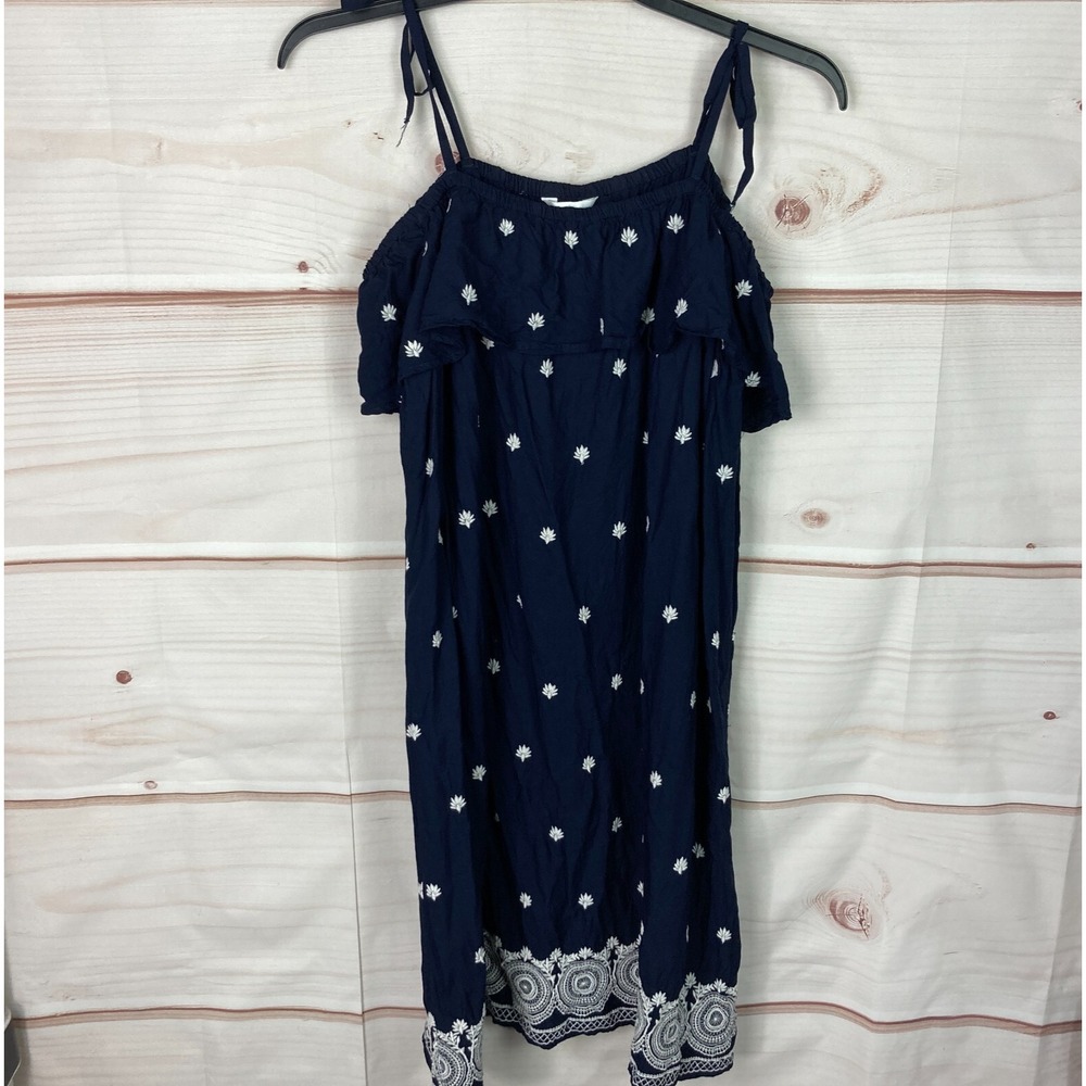 A:Glow Maternity Dress Womens L Blue Shift Cold Shoulder Embroidered Tie Strap